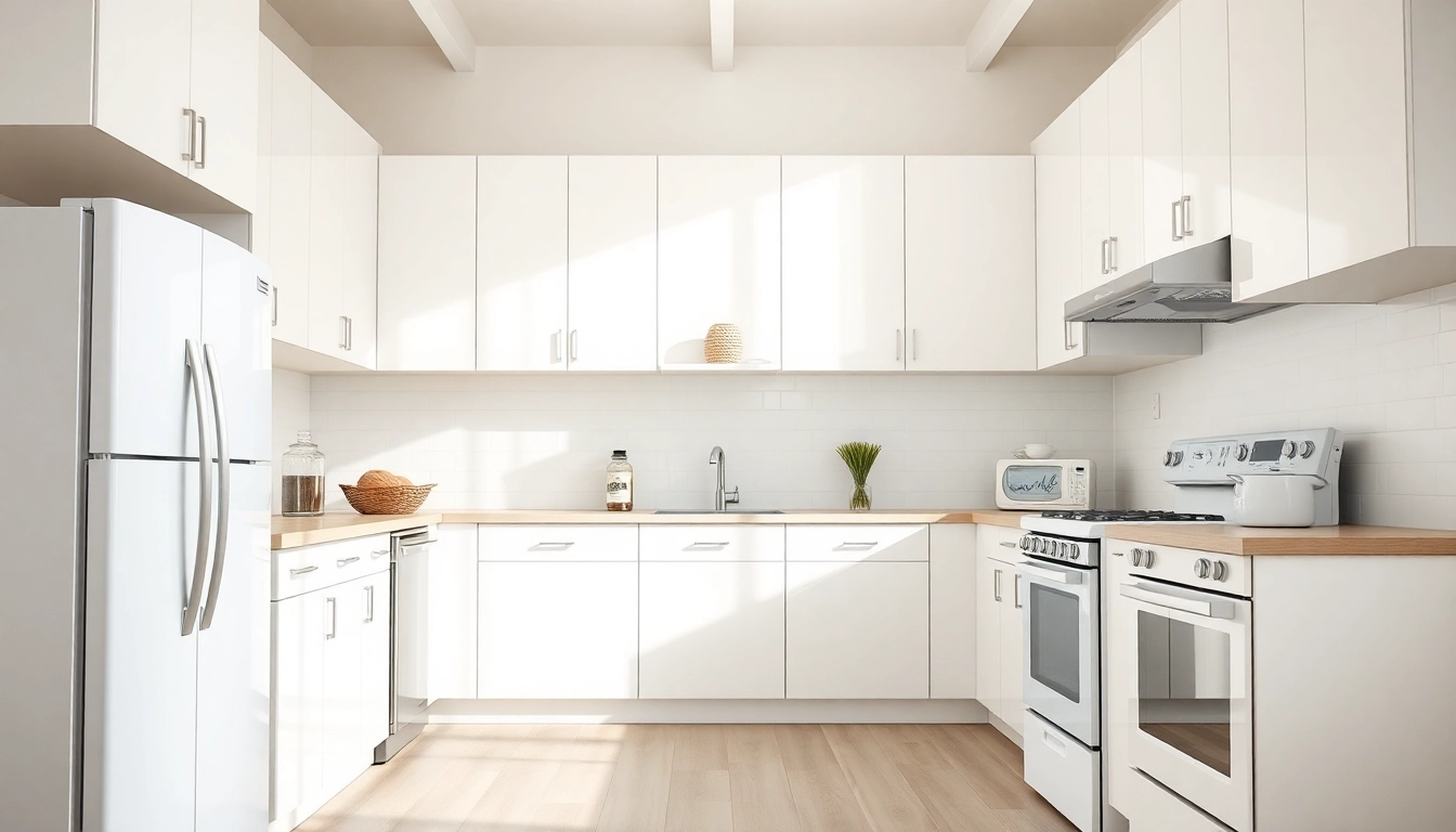 Explore бяла техника options in a stylish kitchen featuring sleek white appliances and modern design elements.