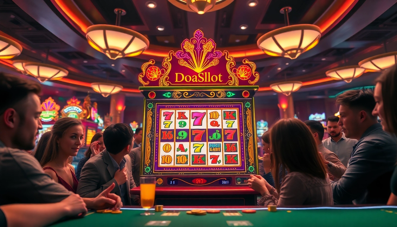 Exciting gaming atmosphere at the Doaslot slot machine, showcasing vibrant colors and enthusiastic players.
