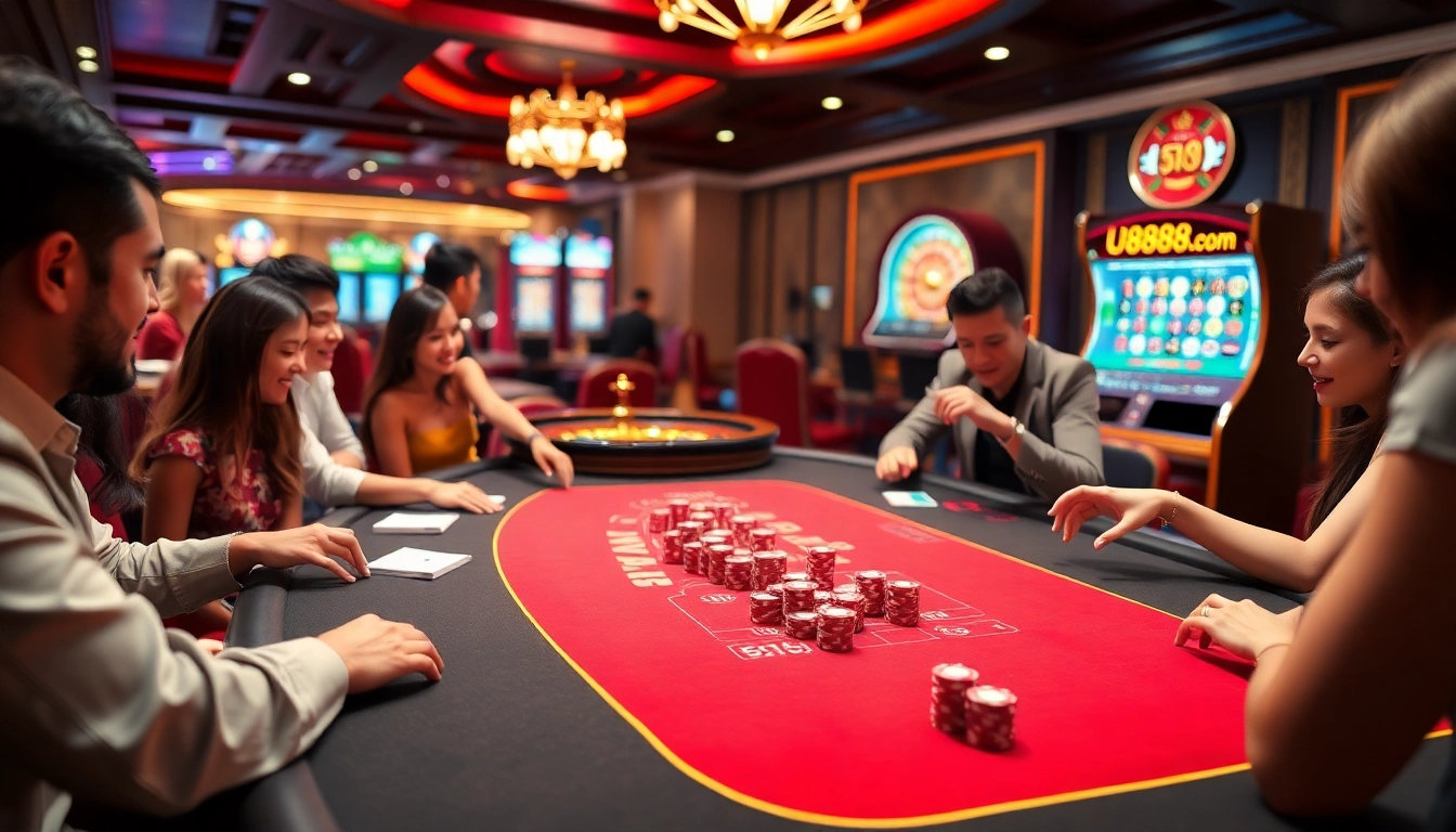 Players enjoying U888.com gaming experience at an elegant casino table with vibrant chips and cards.