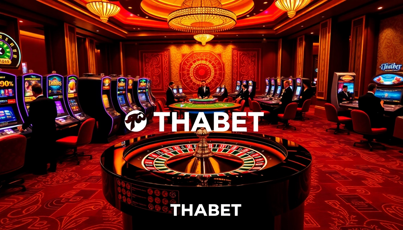 Players enjoying exciting gambling games at THABET casino with vibrant tables and slot machines.