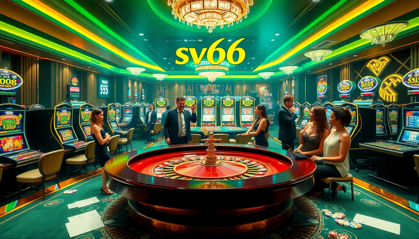 Engaged players enjoying the vibrant atmosphere at nhà cái sv66 with roulette and slot games.
