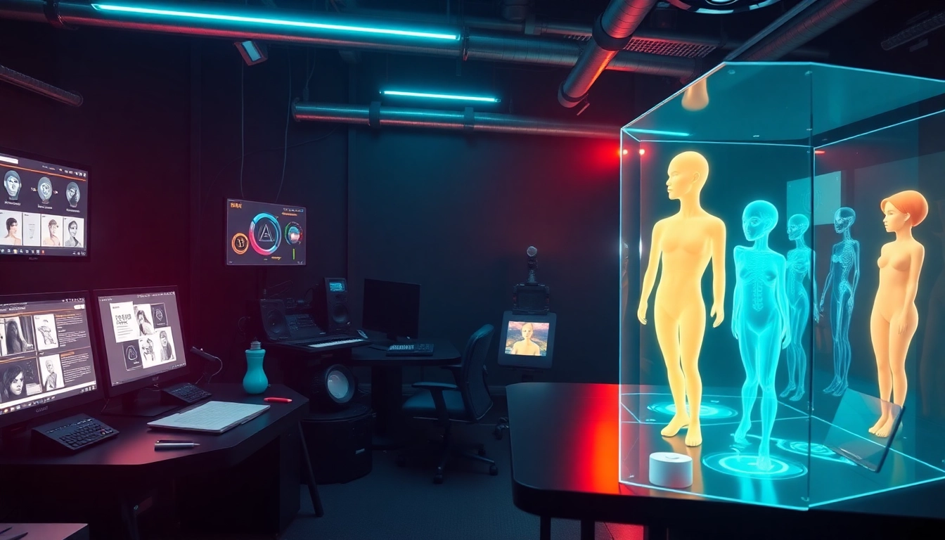 Futuristic digital workspace showcasing AI-generated porn ai tools and technology.