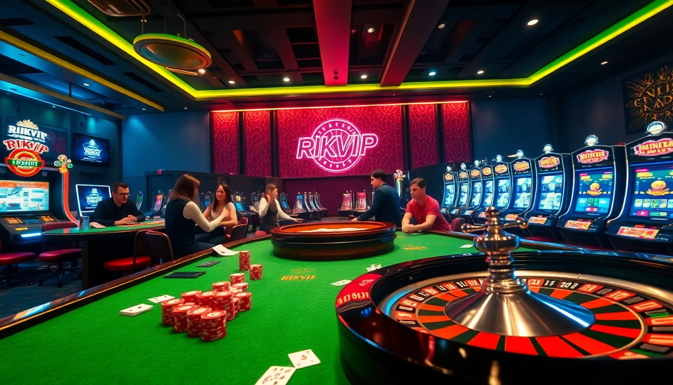 Dynamic gaming scene at RIKVIP casino featuring vibrant roulette and playing cards.