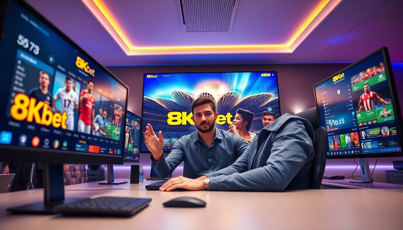 Engaging online betting interface featuring 8Kbet with an enthusiastic player in a modern digital workspace.