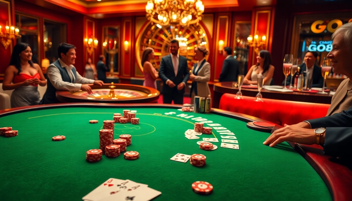 Players enjoying a luxurious GO8 casino experience at a poker table with vibrant colors and excitement.