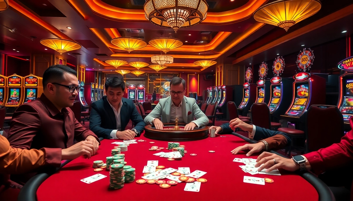 Engage in thrilling casino action with Va88, showcasing poker chips and a lively gaming atmosphere.