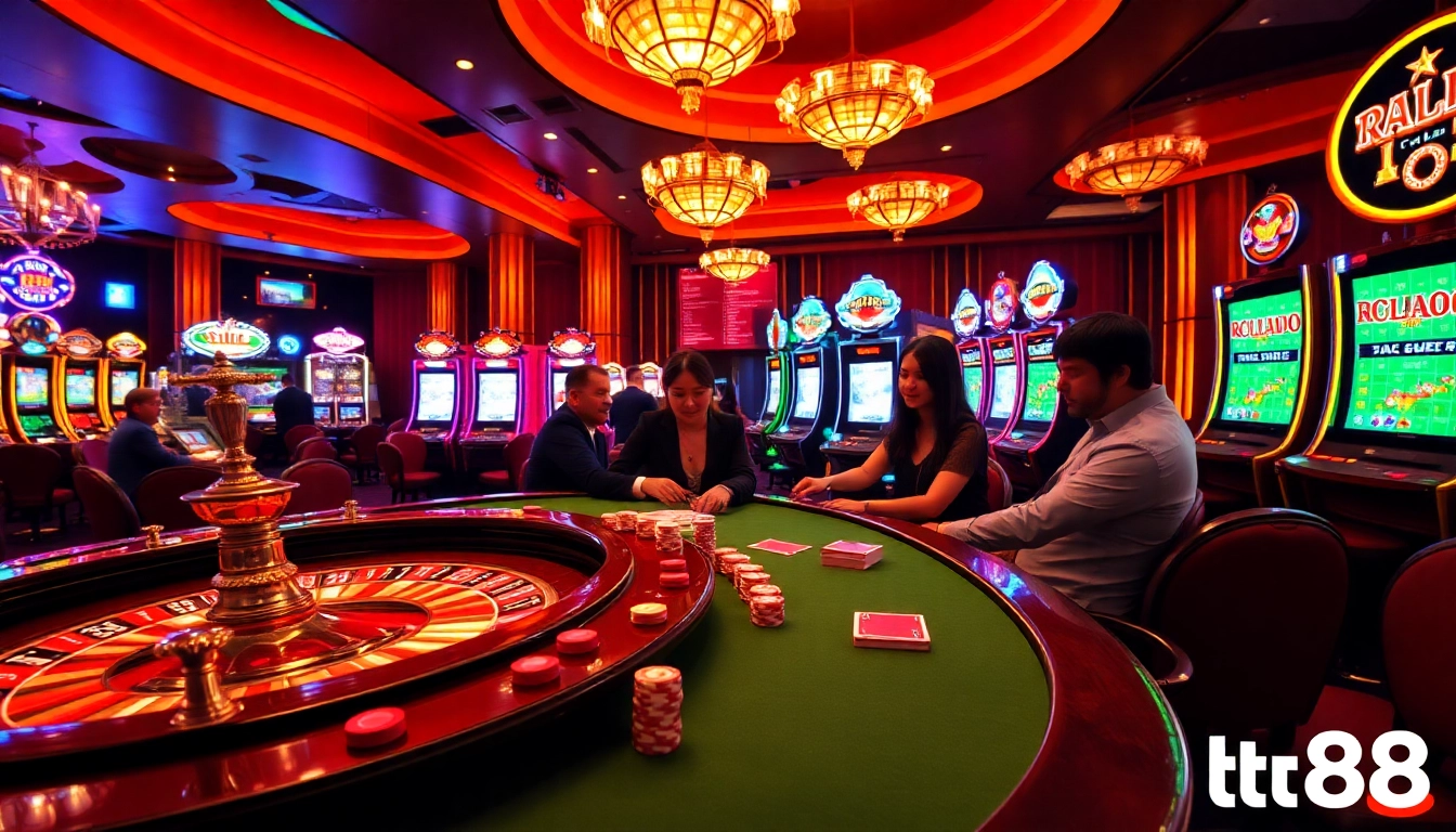 Exciting casino atmosphere featuring poker, roulette, and slot machines at tv88.