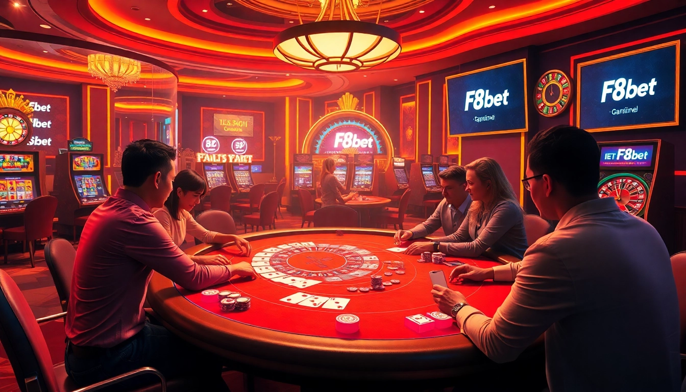 F8bet players celebrating a win at immersive casino tables with lively colors.