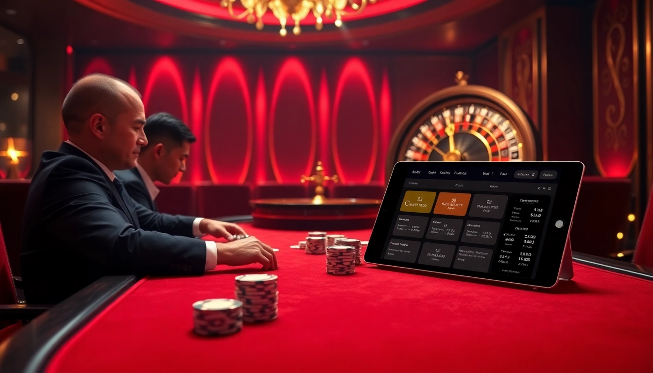 Kuwin casino scene showcasing an exciting poker table with engaged players and roulette wheel lights.