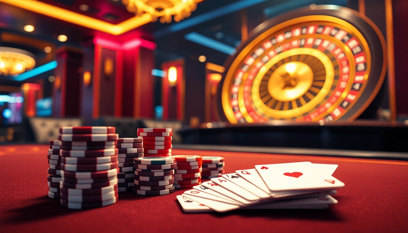Experience the thrill of WINBET88 with a vibrant casino scene showcasing poker and roulette.