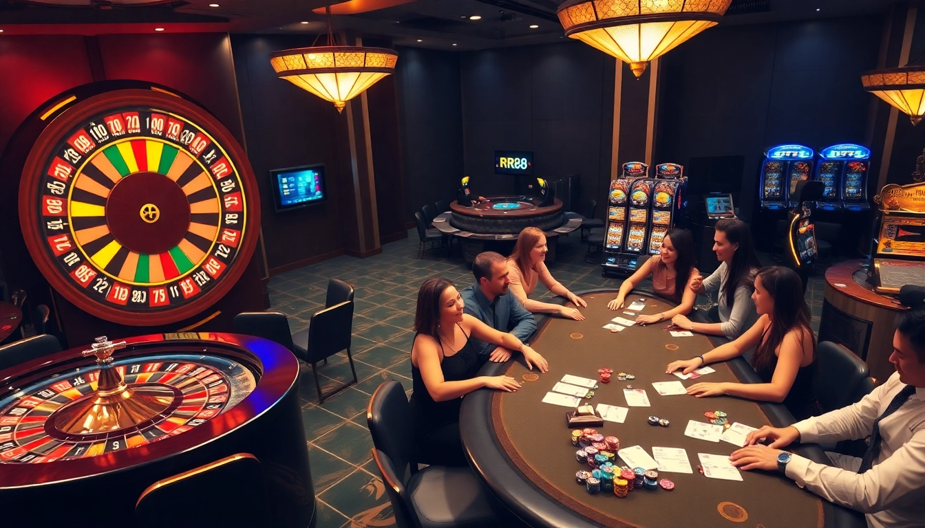 Gambling excitement at RR88 casino with roulette wheel and poker tables.