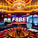 Experience thrilling games at F8BET with a colorful casino scene of roulette and slots.