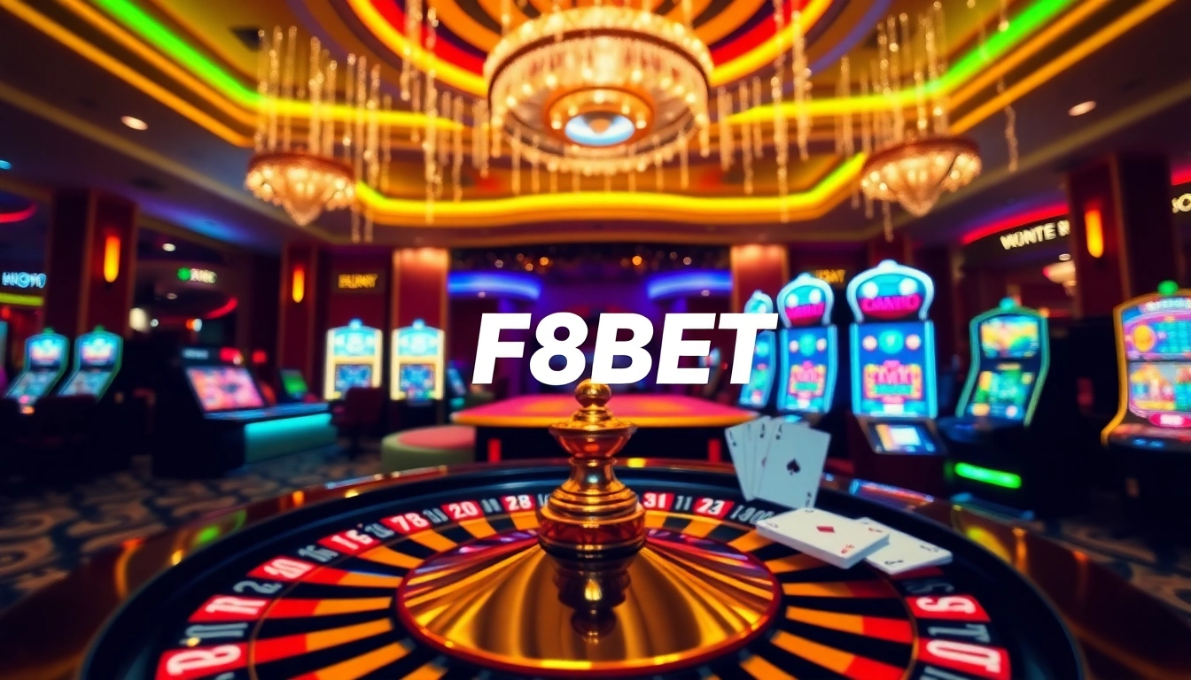 Experience thrilling games at F8BET with a colorful casino scene of roulette and slots.