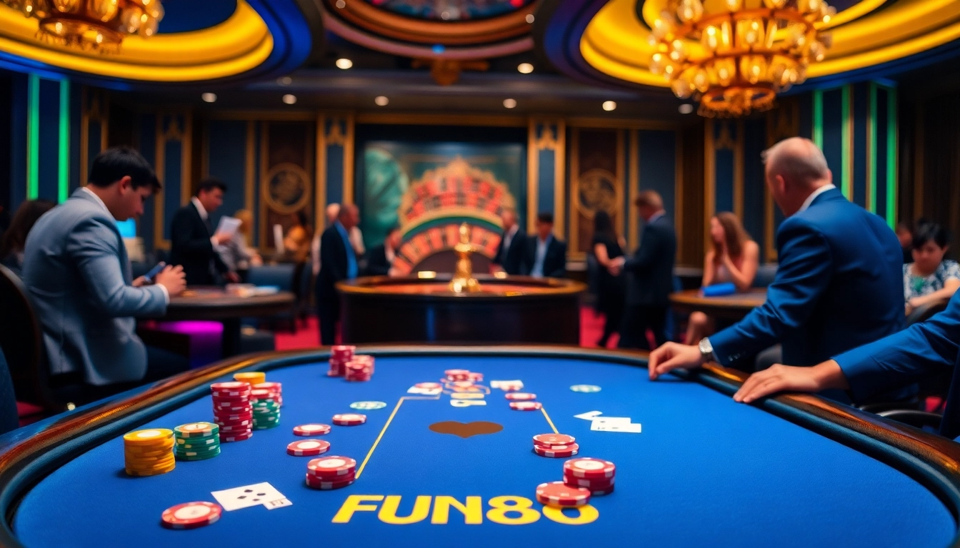 Excited players engaging at a Fun88 poker table with vibrant chips and cards.