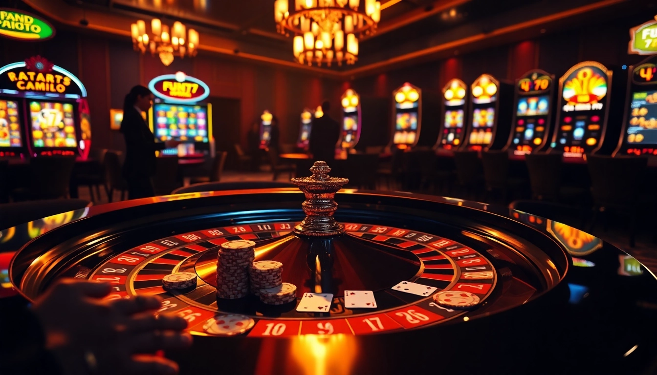 Image showcasing a thrilling casino scene with fun79 branding, including a roulette table and poker chips.