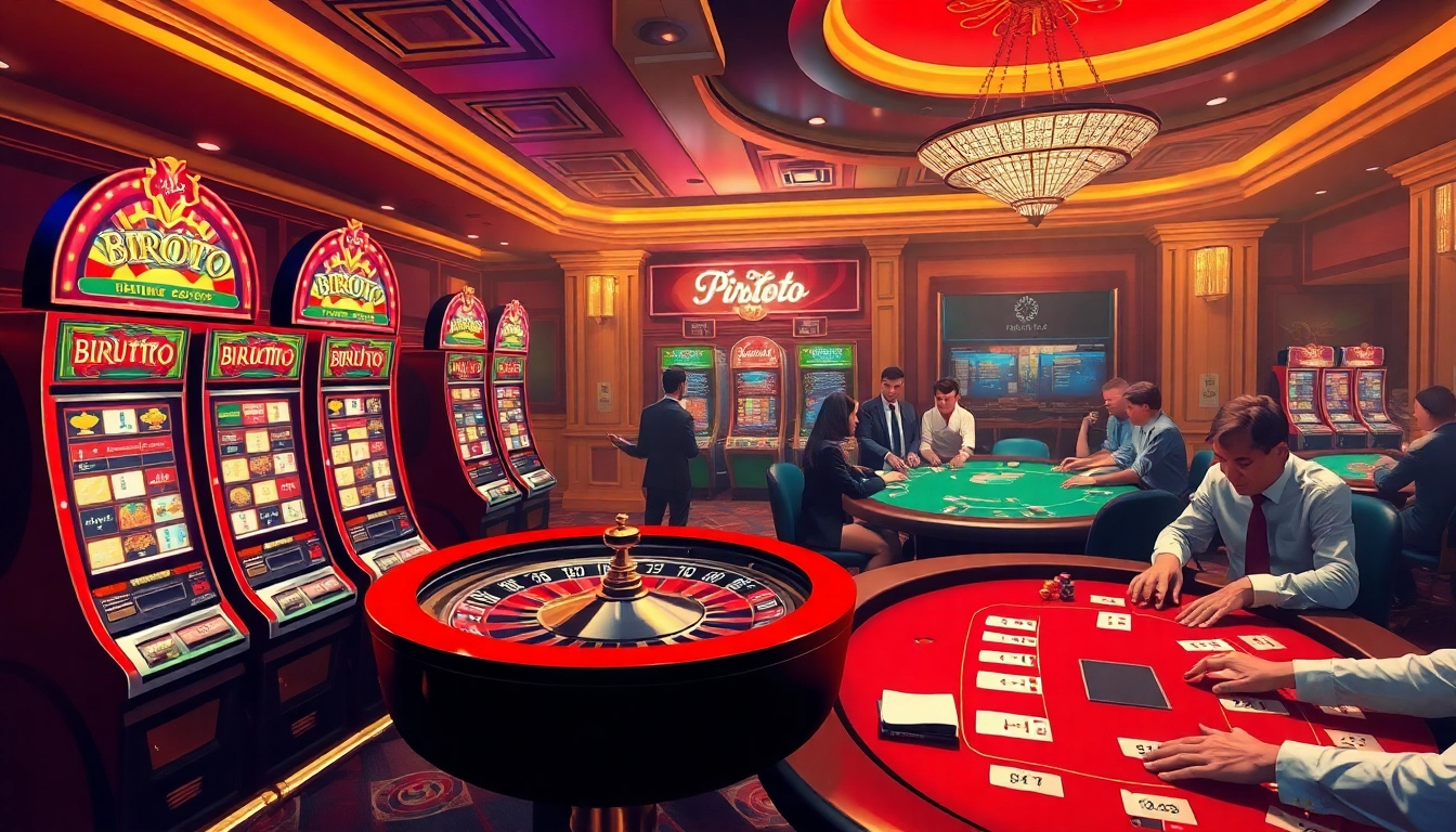 Experience the thrill of gambling at birutoto with vibrant slot machines and engaged players at the poker table.