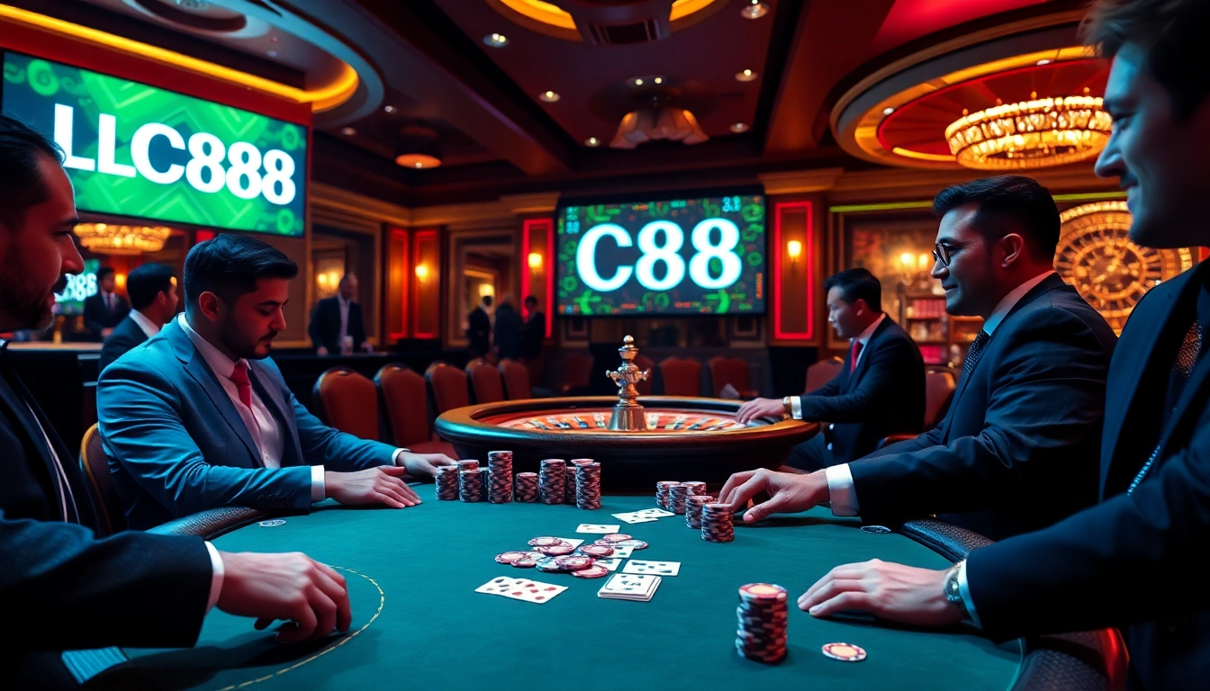 Exciting poker game at LC88 casino, showcasing vibrant chips and elegant players.