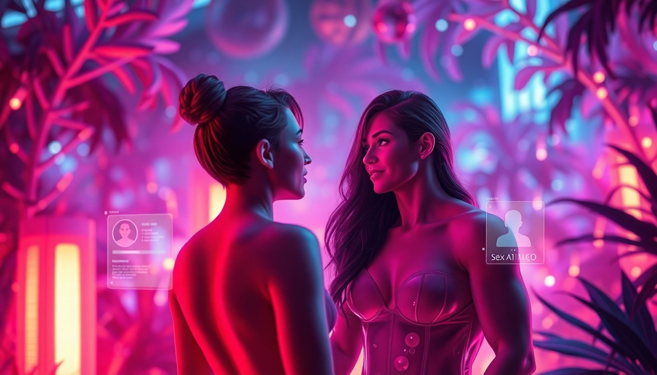 An imaginative scene of avatars in a futuristic landscape symbolizing sex AI interactions, showcasing varied human-like features.