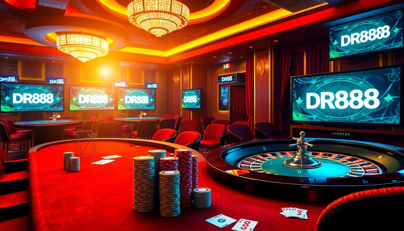 Experience excitement at DR88 with a high-stakes poker table and roulette wheel in a luxurious casino setting.