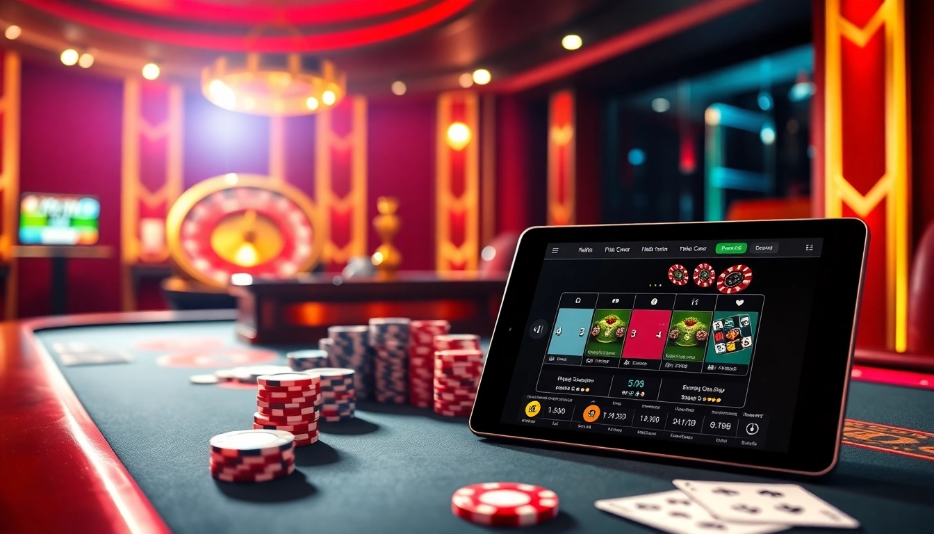 Engaging scene of THABET casino with poker table, chips, and roulette highlighting exciting gameplay.