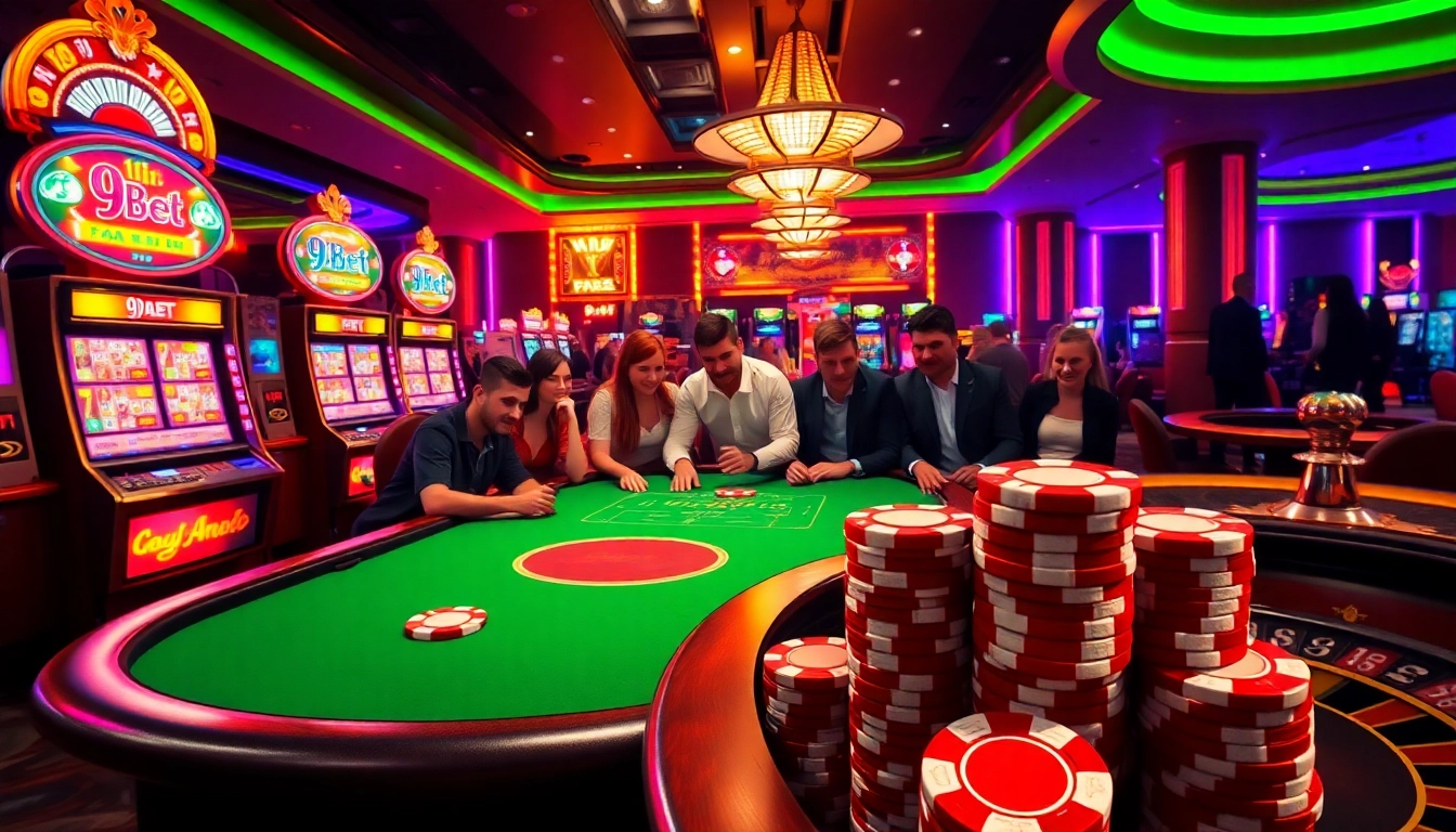 Exciting gameplay at 9bet casino showcasing poker, roulette, and vibrant slot machines.