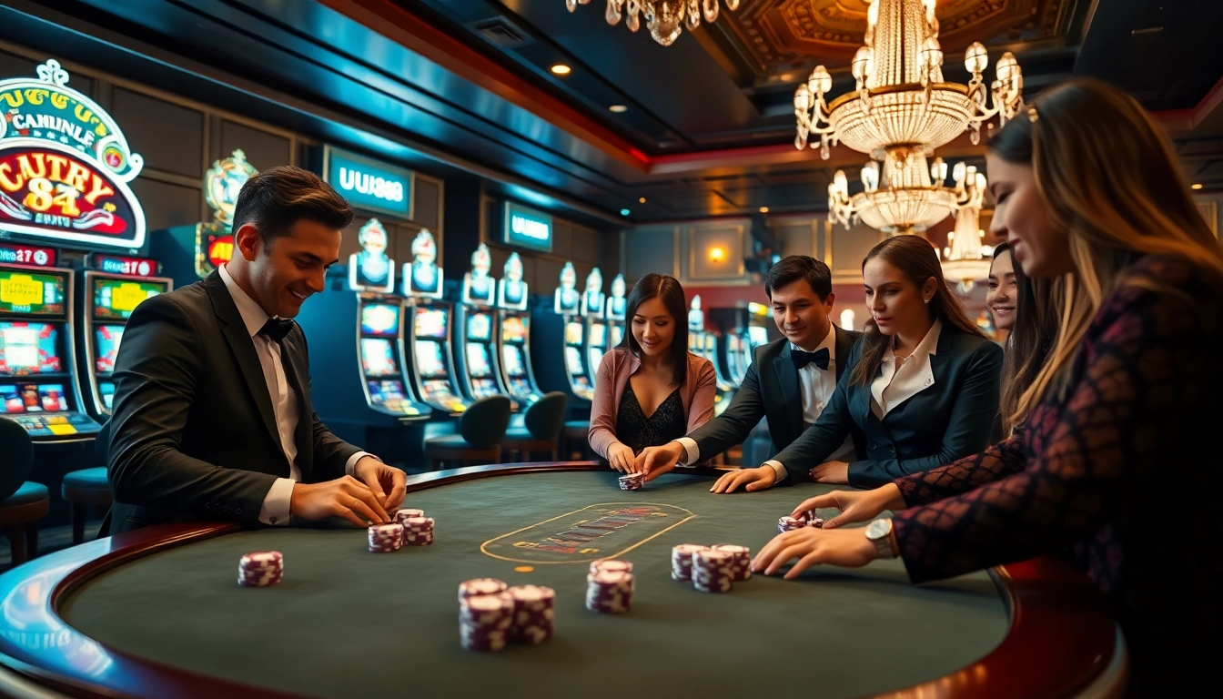 Experience the excitement of UU88 with vibrant casino tables, poker chips, and engaging players.