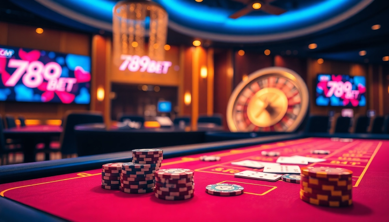 Experience thrilling gameplay with 789BET at the vibrant casino tables featuring poker chips and cards.