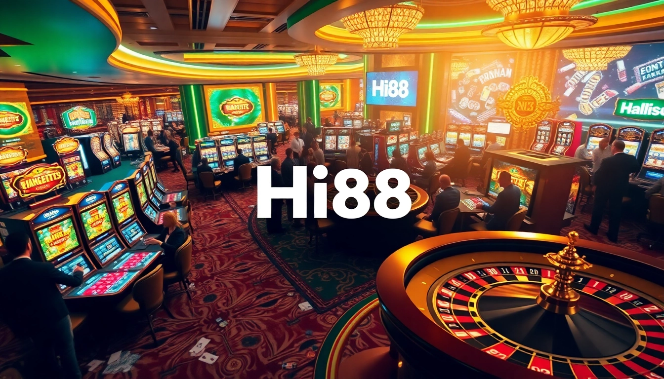 Excited players at a vibrant Hi88 casino featuring tables and slot machines.