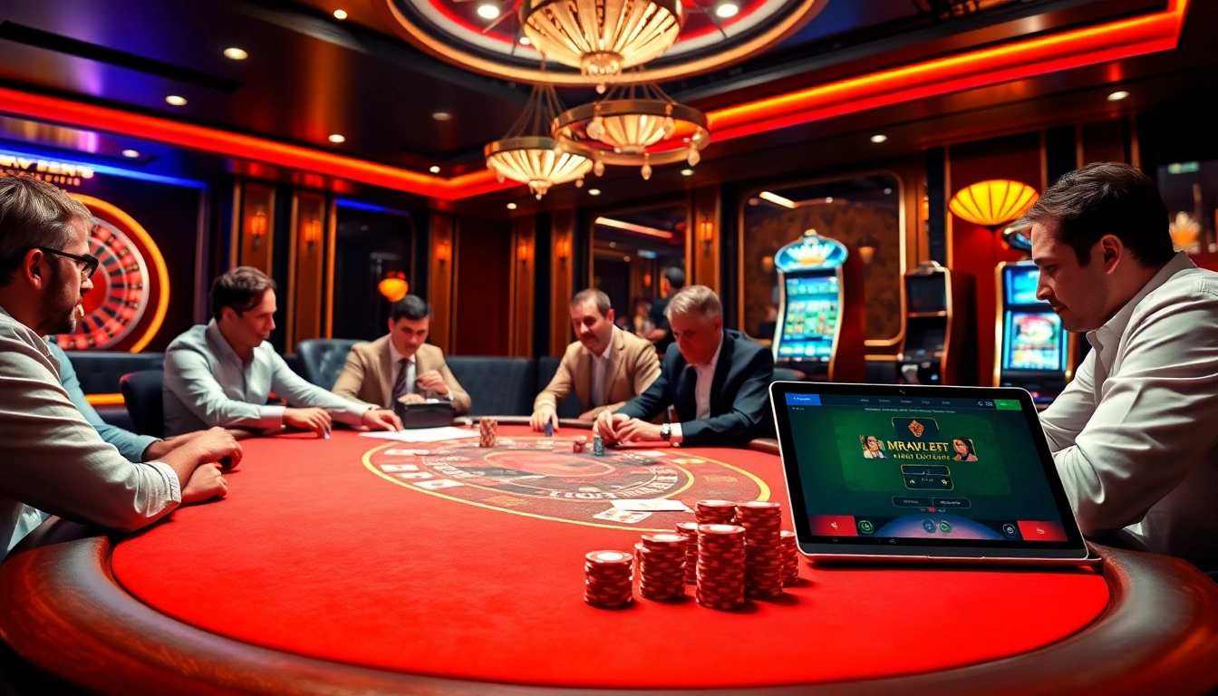 Dive into the excitement of gambling at https://marvelbet.site/ with a dynamic casino scene featuring poker and roulette.