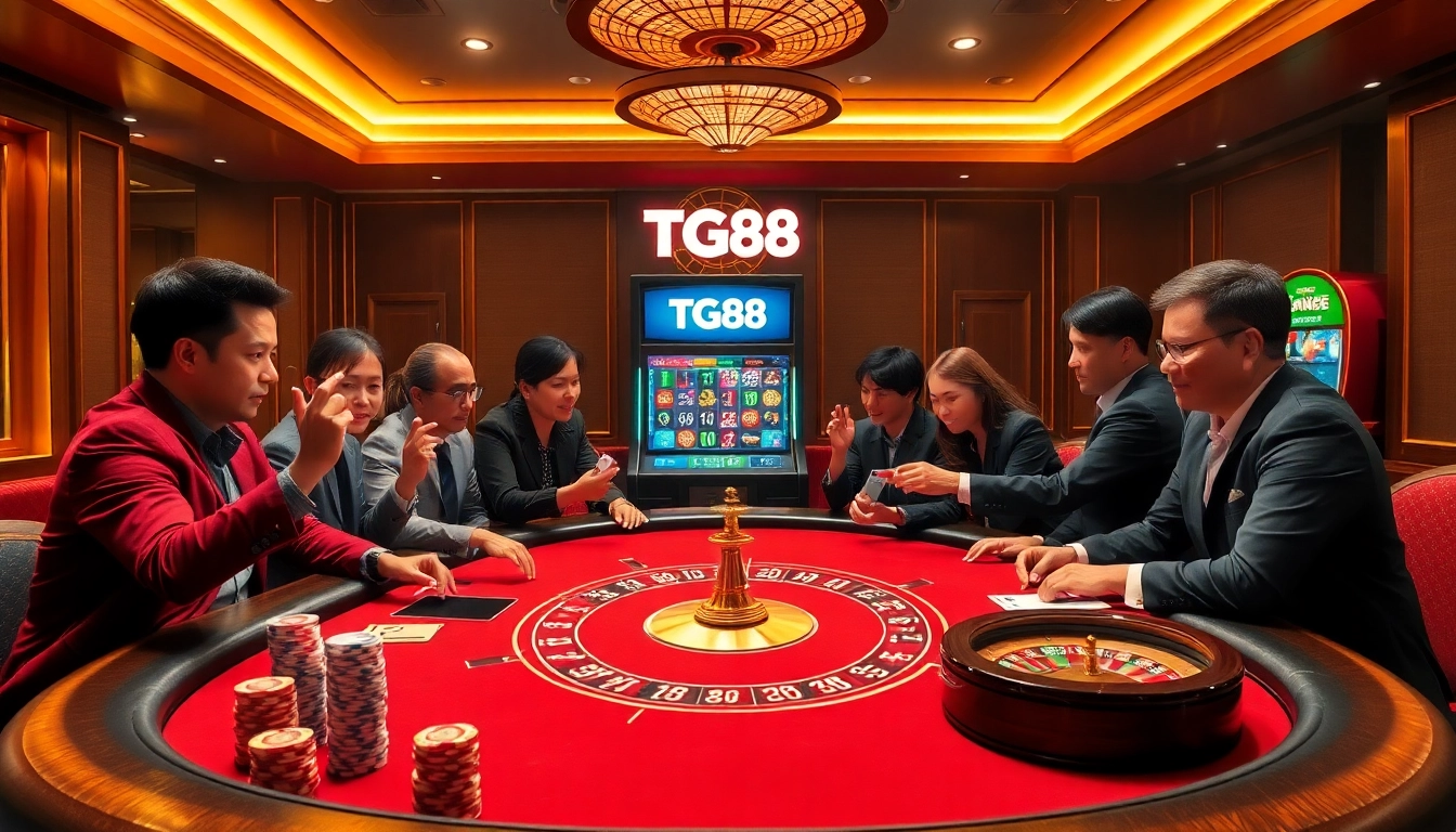Experience high-stakes poker at the TG88-themed casino table, illuminating the thrill of gambling.