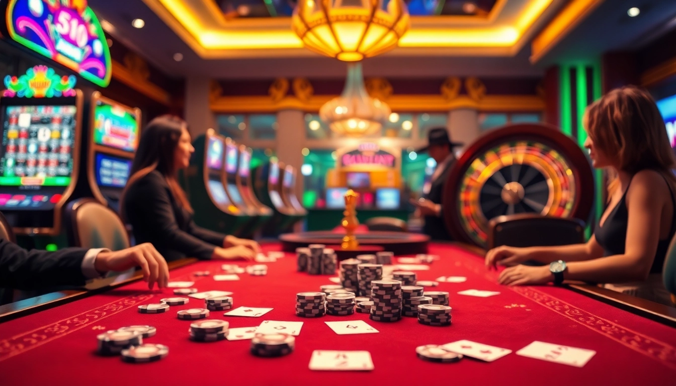 Engage in thrilling bets at the trang chủ 58win casino, featuring vibrant gaming tables and slot machines.