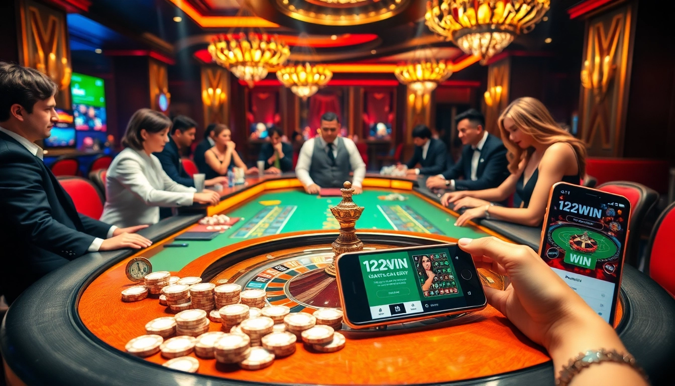 Exciting gameplay at https://123win.free/, showcasing a lively casino scene with roulette and mobile betting.