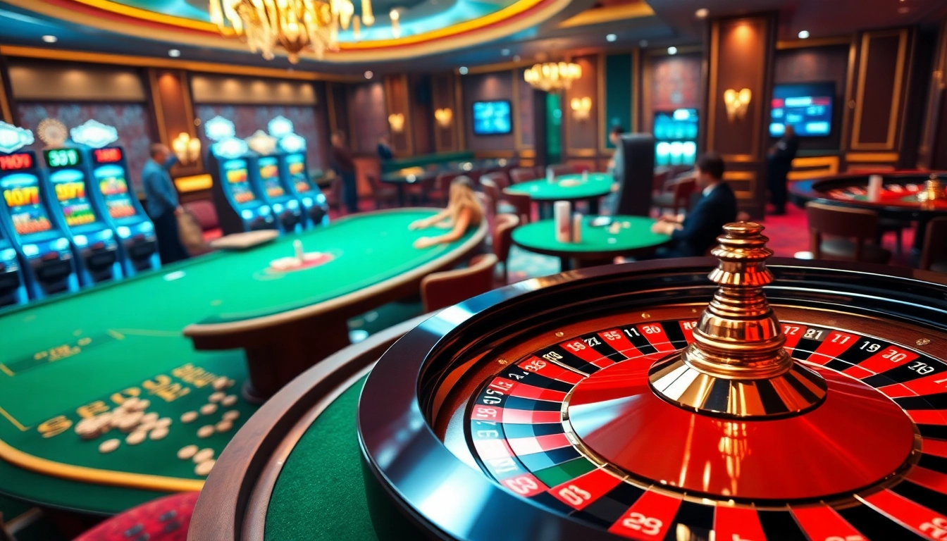 A dynamic casino scene showcasing roulette, poker, and online gambling elements for https://1j88com.com/ excitement.