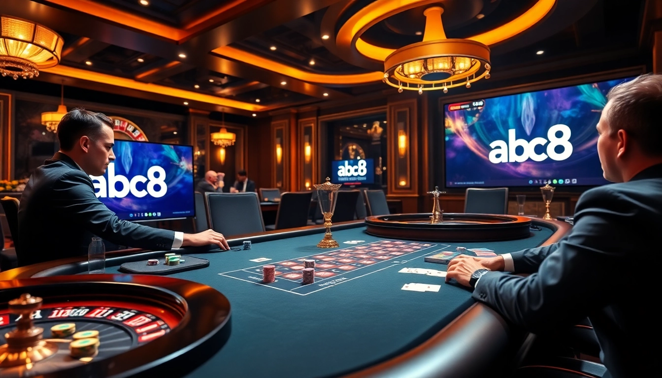 Exciting casino scene at https://abc8.lol/ featuring a poker table, chips, and a spinning roulette wheel.