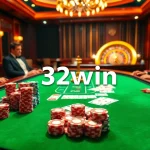 Experience an exhilarating poker game at 32win casino with vibrant chips and cards.