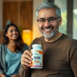Pura Boost supplement bottle held by a confident man symbolizing vitality and enhanced performance in a warm living room.