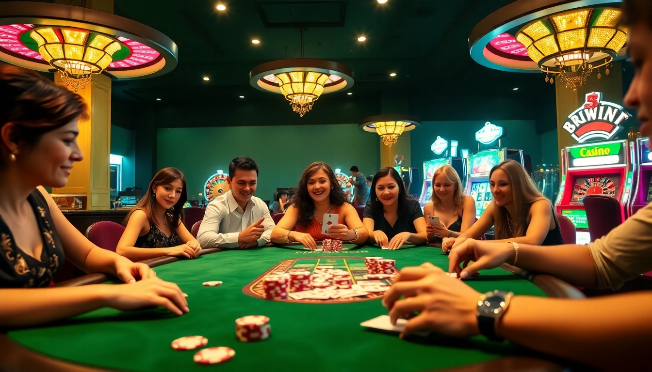 Players competing at a poker table in a vibrant casino, showcasing 33WIN's thrilling gambling atmosphere.
