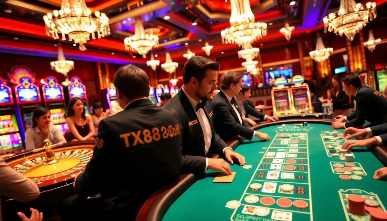 Players engaged at TX88 casino tables, excitement radiating in the vibrant atmosphere.