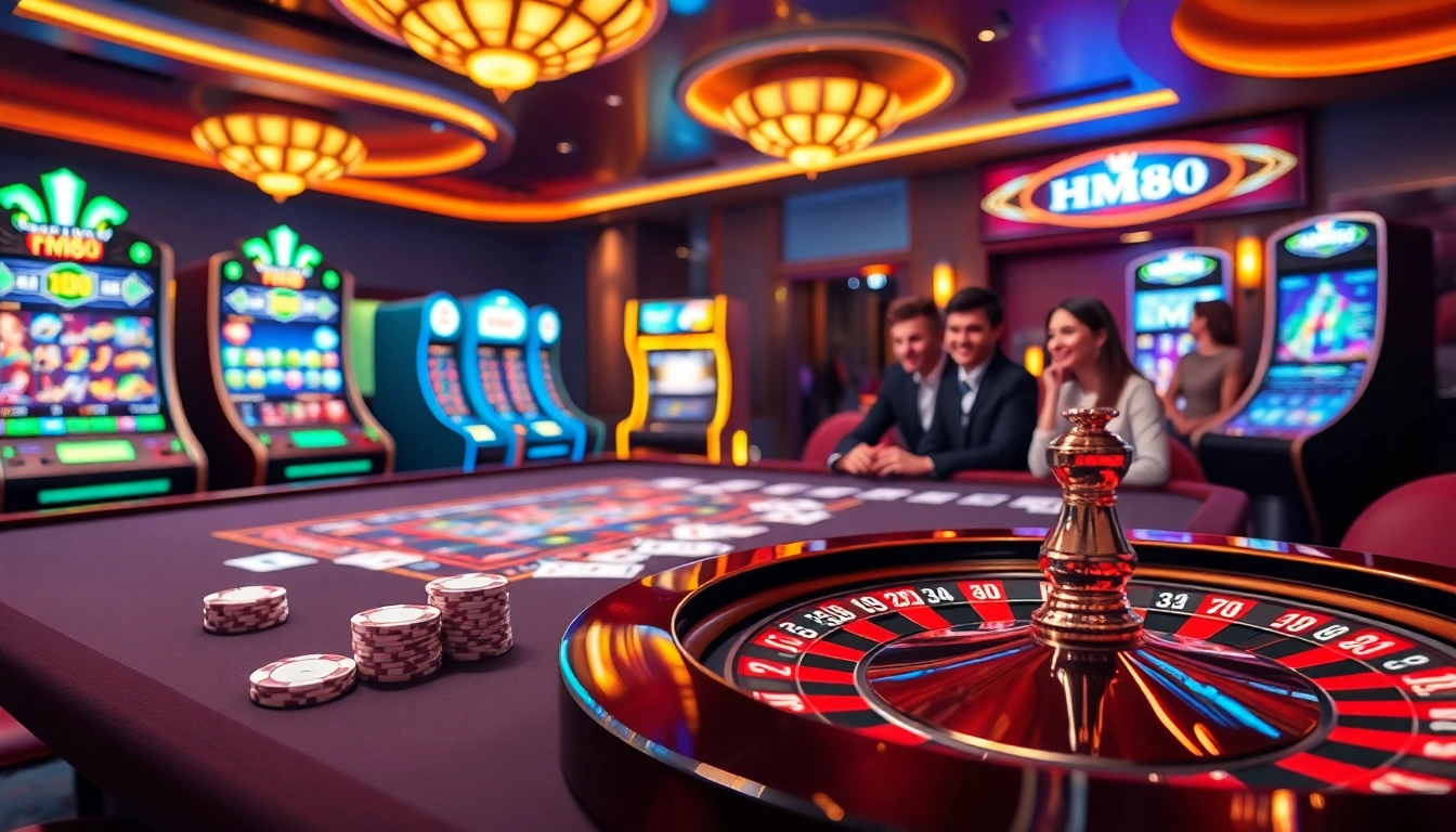 Players enjoying a thrilling game at HM88 online casino featuring poker chips and vibrant slot machines.