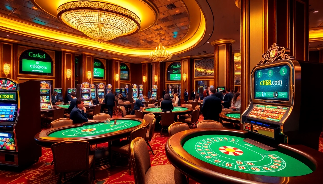 Experience the thrill of c168.com in this vibrant casino, featuring elegant gaming tables and lively slot machines.