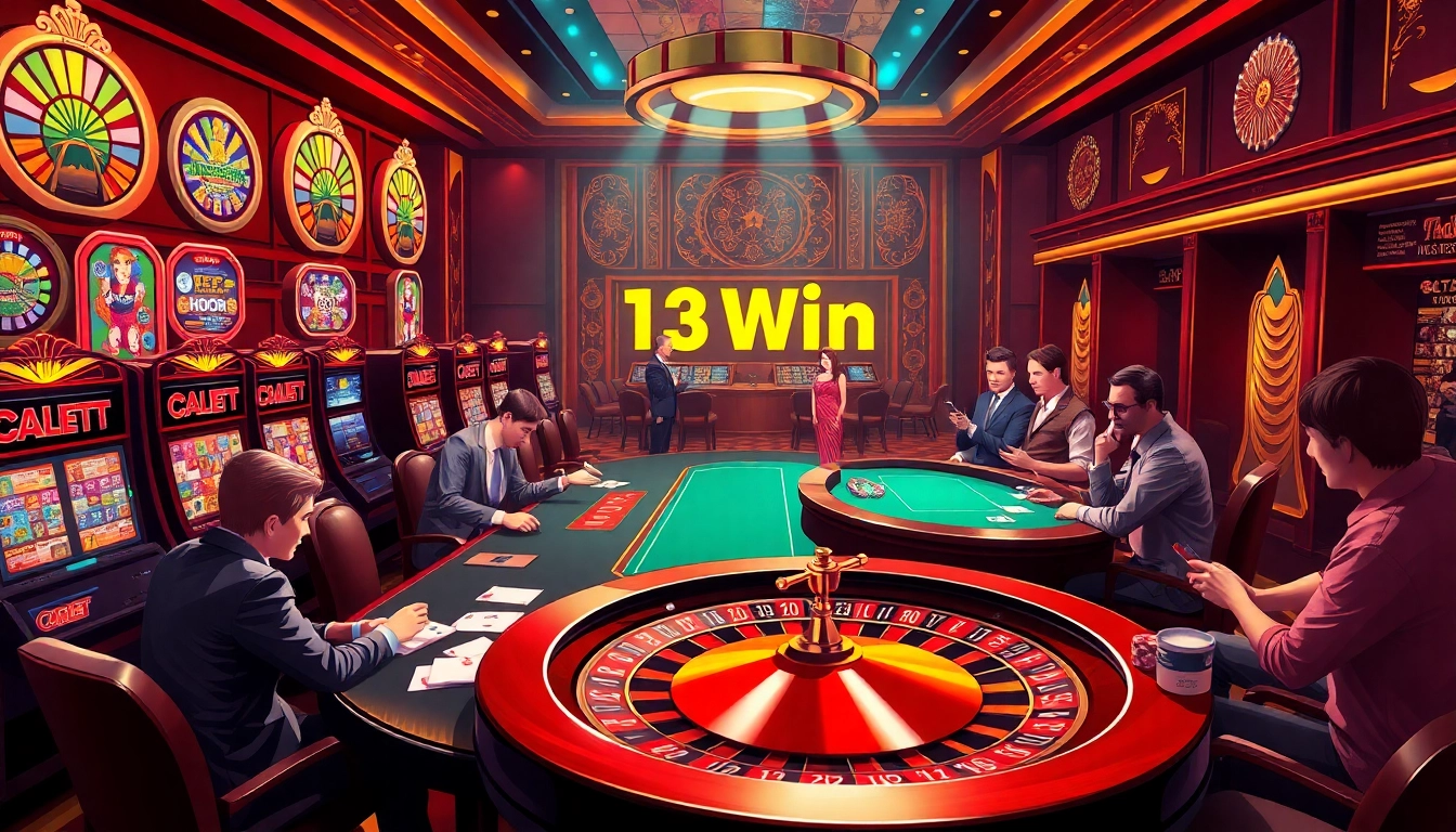 Players engaging in high-stakes poker at 13Win Casino, vibrant slot machines in a luxurious setting.
