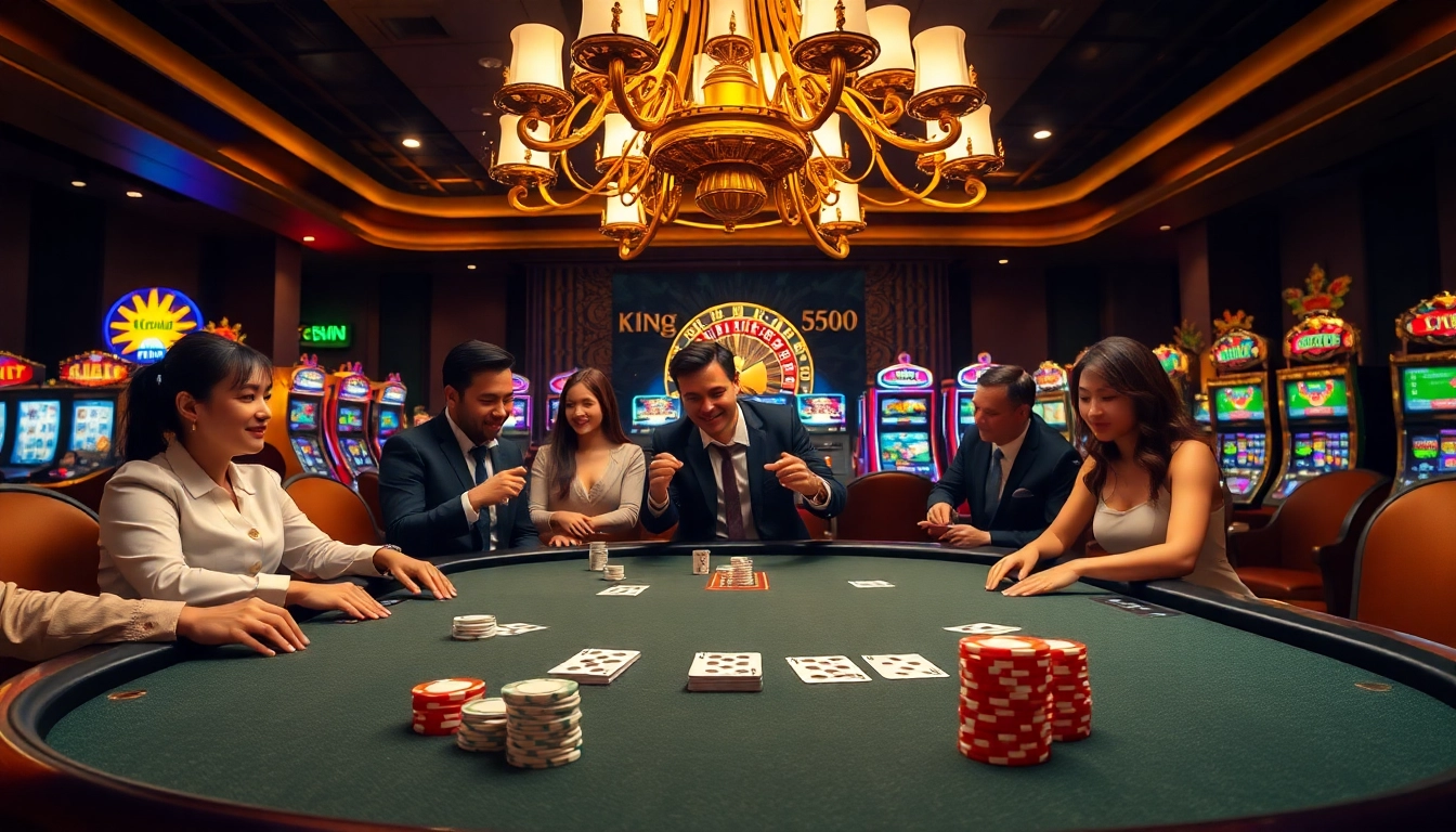 Experience high-stakes gaming at king88 with a lively poker table and roulette wheel.