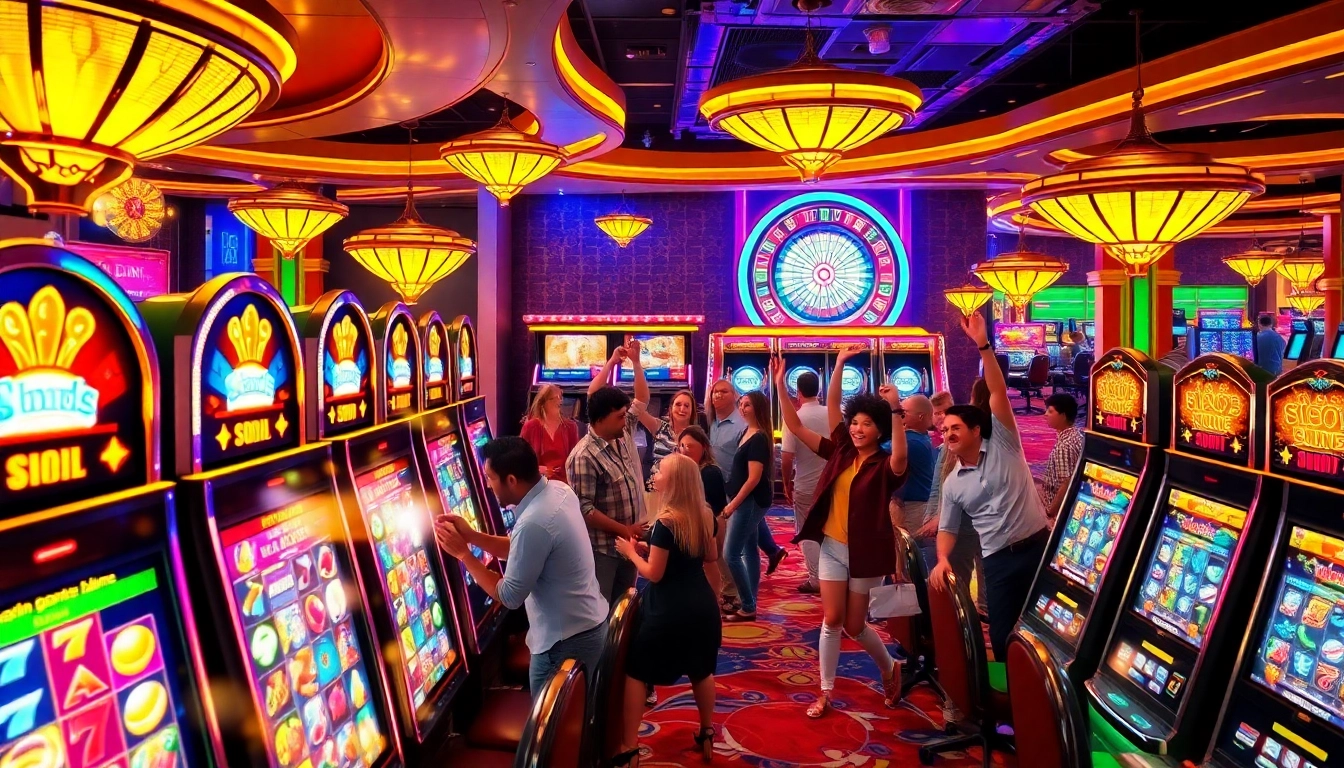 Players enjoying the doaslot slot experience in a vibrant casino atmosphere, celebrating wins with joyful expressions.