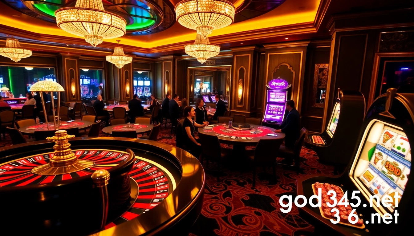 Experience thrilling gaming action at god345.net with vibrant gamblers at luxury tables.