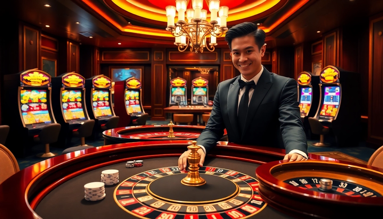 Experience the vibrant gaming atmosphere at Nhà cái Thabet, showcasing thrilling casino elements.