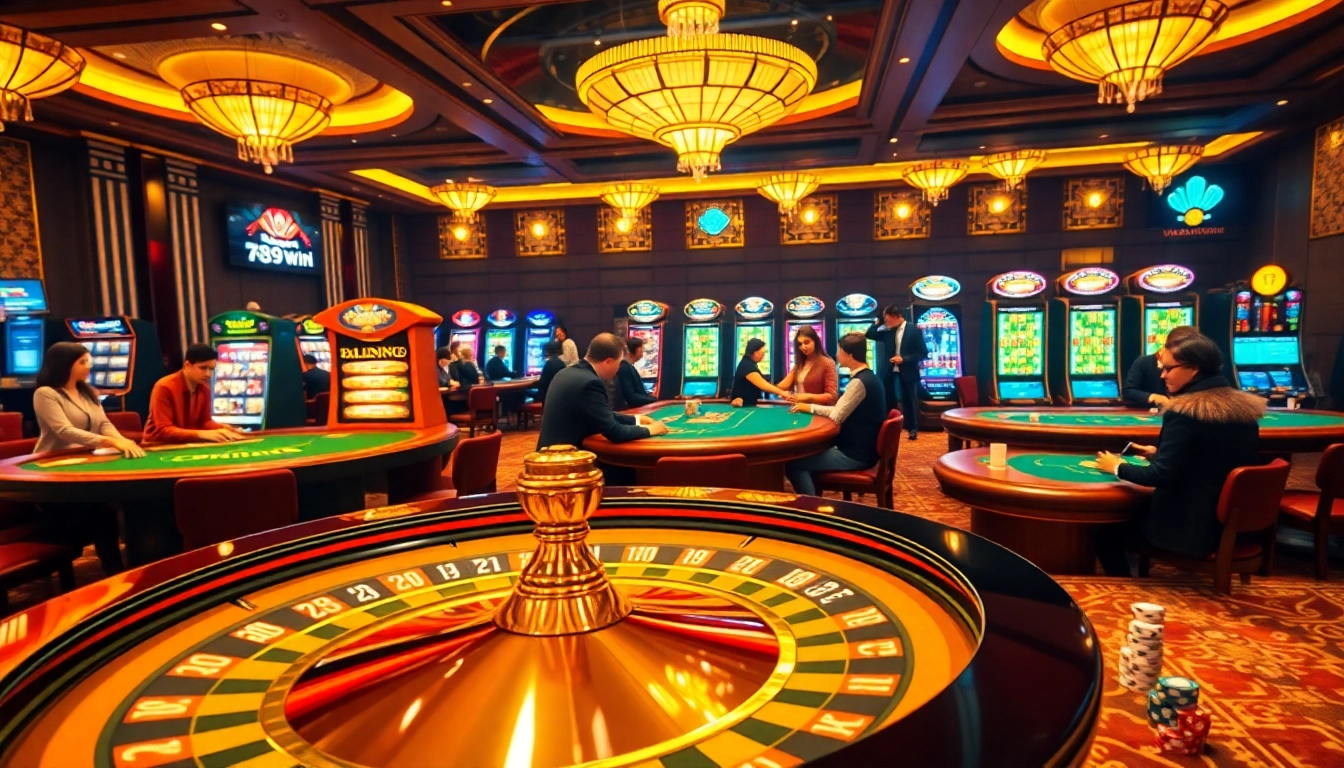 Exciting casino scene with vibrant colors showcasing 789win games and players enjoying poker and roulette.
