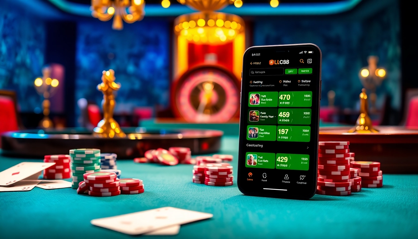 Engage in thrilling gameplay at LC88, featuring elegant poker chips and a vibrant roulette wheel.