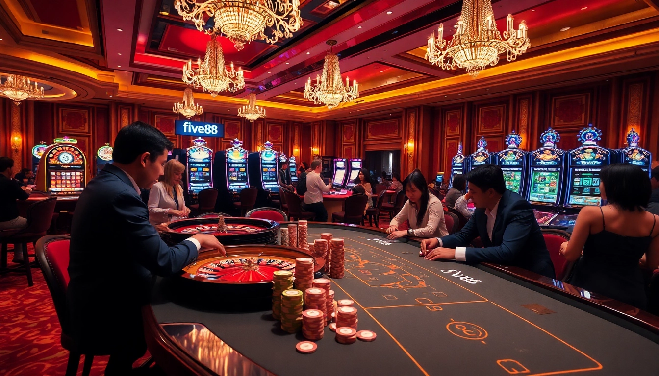Experience five88 excitement at the vibrant casino, with players thriving at roulette and slot machines.