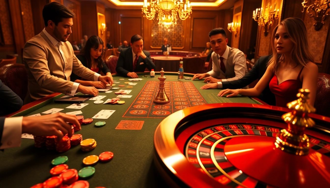 Experience the excitement of F168 as players engage in thrilling casino games with vibrant chips and cards.