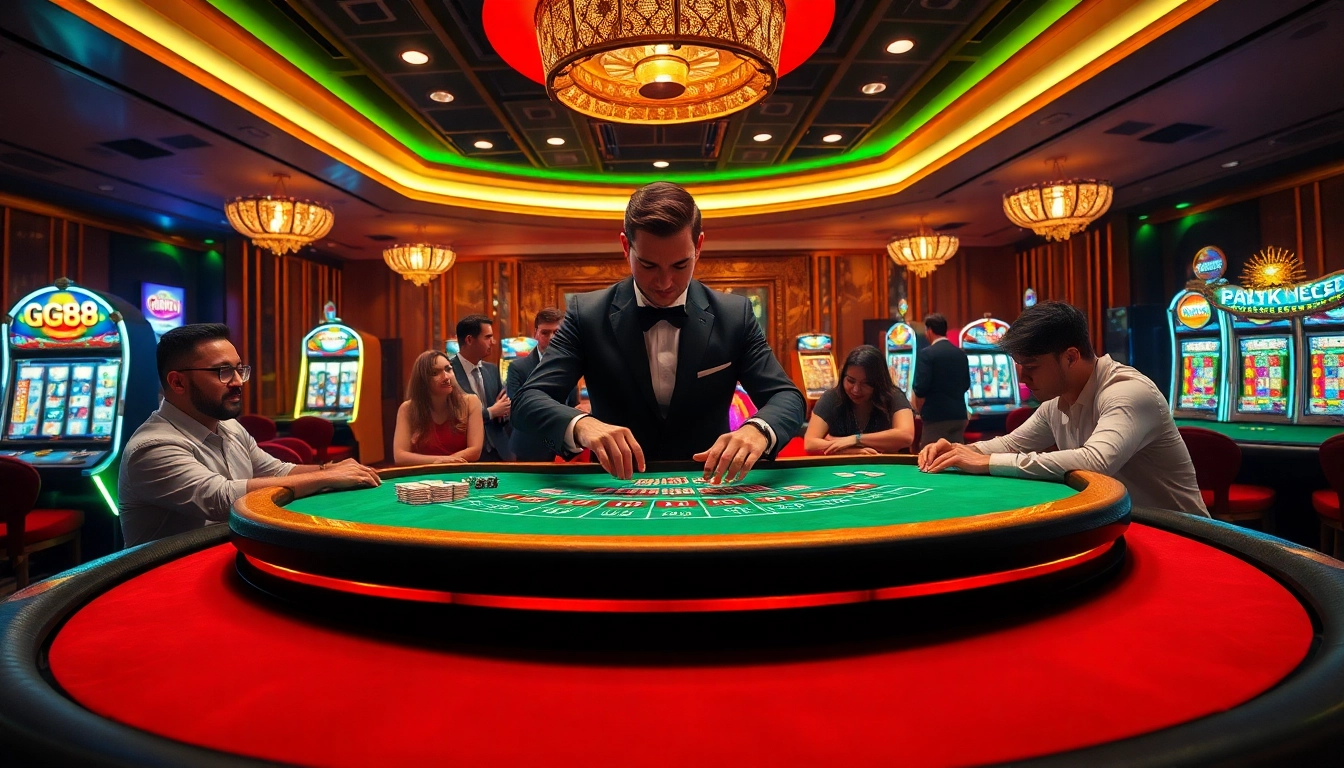 Players enjoying a thrilling game at GG88 casino table with professional dealer and vibrant atmosphere.
